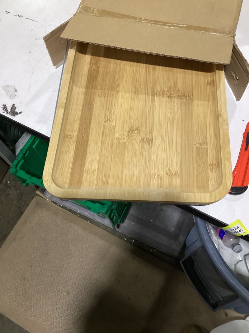 Condition photo showing As Is for FARBERWARE Build-A-Board Bamboo Cutting Board with Built-in Compartments, Clear Locking Lid & Navy Handles, Ideal for Charcuterie, Snacks & Prep Navy 1 Compartment