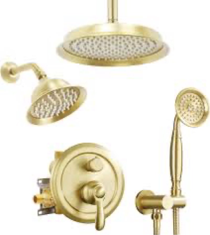 dual antique shower head system: 9" ceiling mounted rain head & 6" wall mount vintage rainfall and handheld spray faucet sets, 3 way diverter brass valve with trim kit, brushed gold
