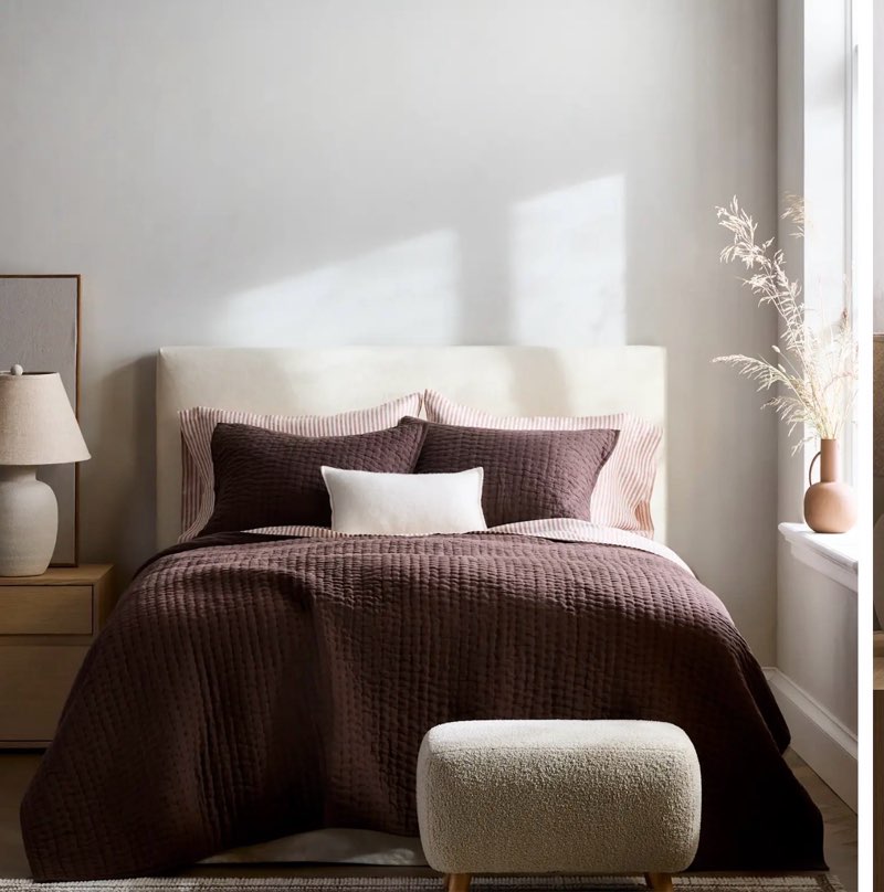 quince european linen cotton stitch quilt, king, espresso 