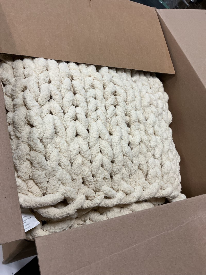Condition photo showing Good Condition for bigacogo chunky knit throw blanket for couch, 51x63 inches, 100% hand knitted with thick jumbo chenille yarn, cozy soft large rope knot cable crochet blankets for sofa bed living room, beige beige 51"x63" (large size throw?