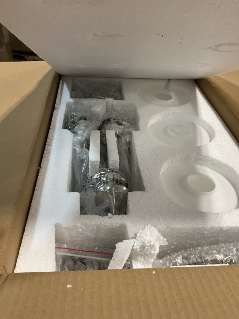 Condition photo showing New/Like New for brushed nickel dining room light modern sliver chandelier with frosted glass, 3-light metal farmhouse kitchen island light fixtures e26 hanging pendent lighting for living room, kitchen, foyer 3 light brushed nickechandelier