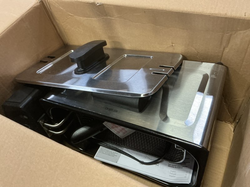 Condition photo showing As Is for hamilton beach 35032 professional style electric deep fryer, frying basket with hooks, 1500 watts, 3 liters, stainless steel