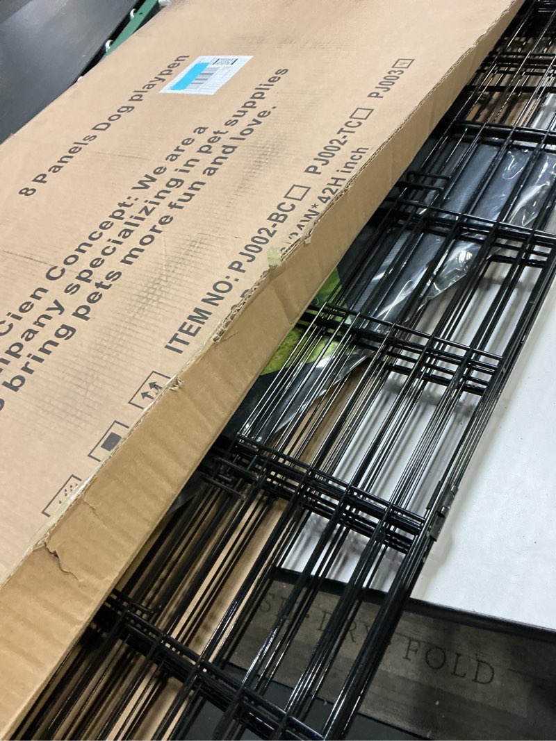 Condition photo showing Good Condition for pjyucien dog playpen with top cover and bottom pad - metal foldable exercise pen, 8 panels 42" h x 24" w indoor outdoor pet fence puppy crate kennel, black black 8 panels 42''h playpen+bottom+top cover