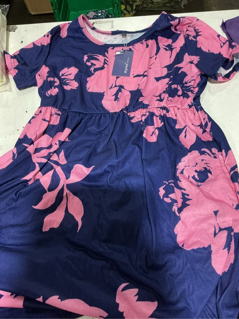 Condition photo showing Good Condition for aiyino short-sleeve casual dress features a bold pink floral and rose print set against a navy blue base with an empire-waist gathered seam.
