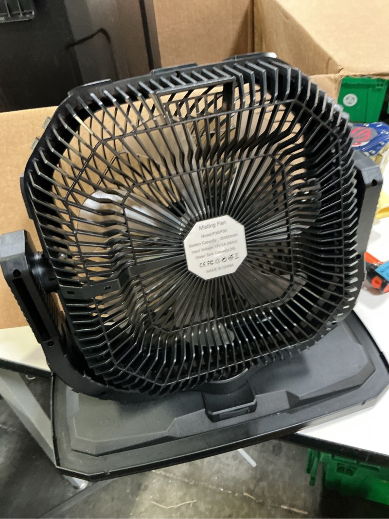 Condition photo showing As Is for 12" 20l large misting fan portable, 30000mah outdoor oscillating mist fans for outside patios cooling fan, with telescopic handle & rolling wheel, led light, timer, for camping/beach summer essentials telescopic handle & rolling wheel black