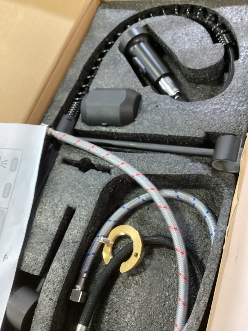 Condition photo showing Good Condition for dtig black kitchen faucet, pull-out sprayer, brushed nickel, dual-function, includes deck plate, water pipes