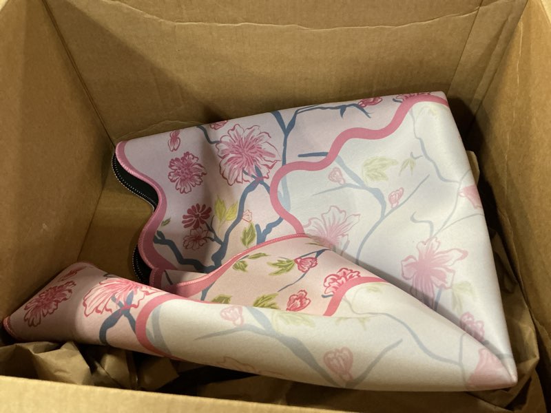 Condition photo showing As Is for Mahjong Mat, 31.5x31.5 Inch Neoprene Gaming Surface with Rules, Pink Lace Design, Anti-Slip Noise Reduction Table Cover for Tiles and Cards, Includes Storage Bag