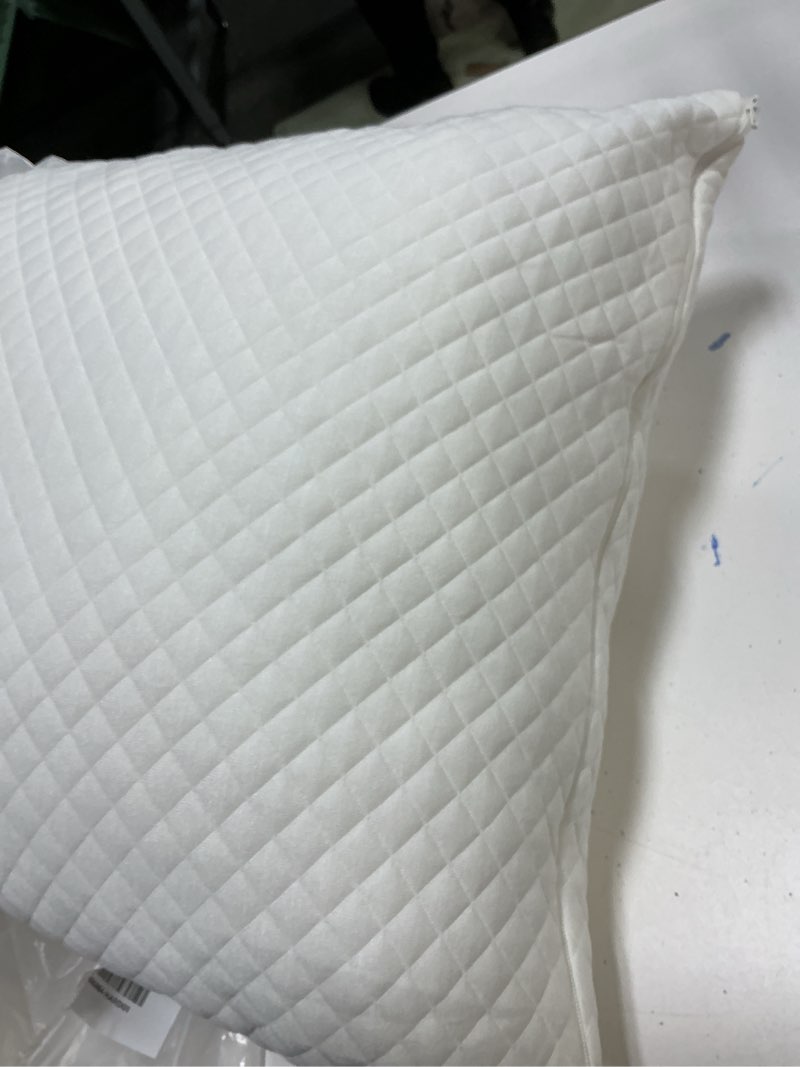 Condition photo showing As Is for DreamyBlue Signature Pillow w/Adjustable Loft • Shredded Memory Foam Fill • Neutral Alignment for Side, Back, and Stomach Sleepers • Washable Bamboo Rayon Cover • CertiPUR-US Certified Foam (Queen) Queen (Pack of 1)