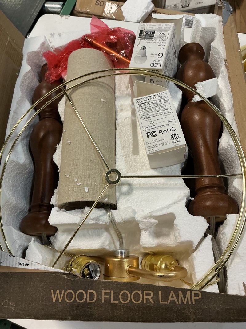 Condition photo showing Good Condition for 65.5" Natural Real Wood Floor Lamp with S Cluster Pull Chains Dual Switch,Wood Base Standing Lamp,Rustic Tall Lamp with Linen Shade,Farmhouse Floor Lamp for Living Room,Bedroom,Office(Bulb Included) Dark Brown