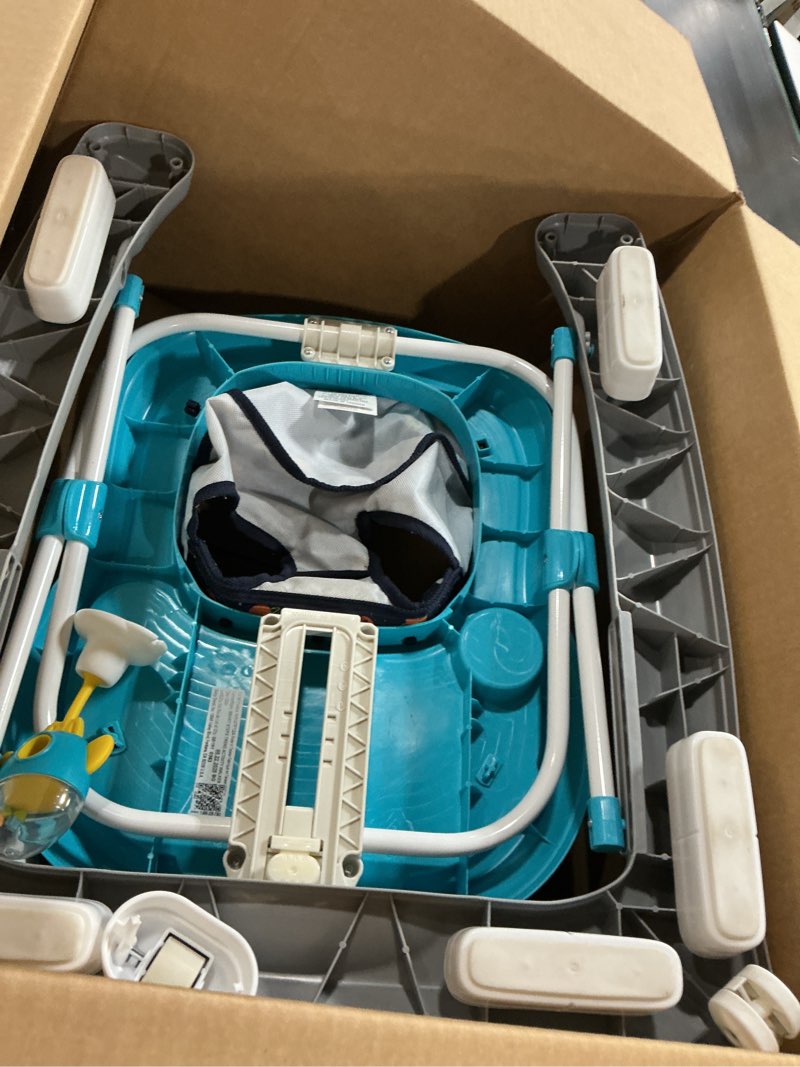 Condition photo showing As Is for smart steps trend activity walker and entertainer with removeable toys, large tray, cup holder, adjustable height and flat fold frame for storage, ages 6 months +, space walk navy