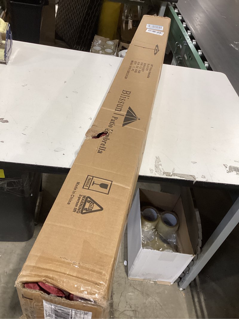 Condition photo showing New/Like New for blissun 9' outdoor patio umbrella, outdoor table umbrella, yard umbrella, market umbrella with 8 sturdy ribs, push button tilt and crank burgundy