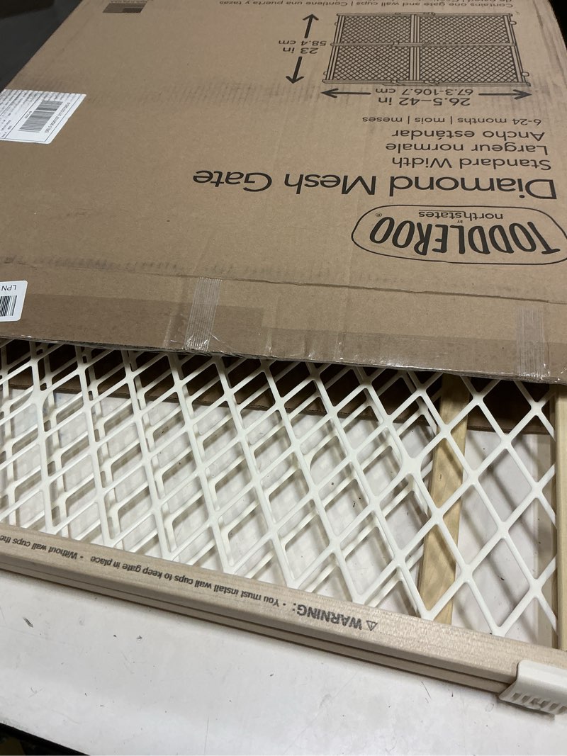 Condition photo showing Good Condition for toddleroo by north states diamond mesh wooden baby gate: 26.5"- 42" wide. pressure mounted baby gate for doorway. (23" tall, sustainable hardwood)