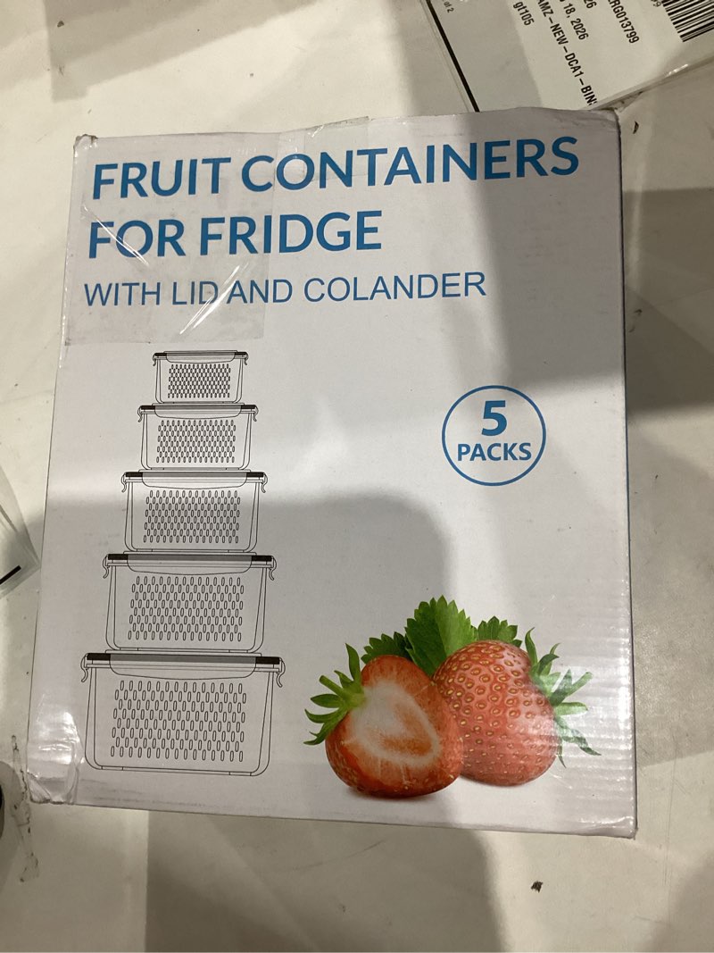 Condition photo showing New/Like New for 5 PCS Large Fruit Storage Containers for Fridge with Removable Colanders, Airtight Food Storage Containers with 5 Lids, 4 in 1 Produce Containers Keep Berry Fruits Vegetable Food Meat Fresh Longer