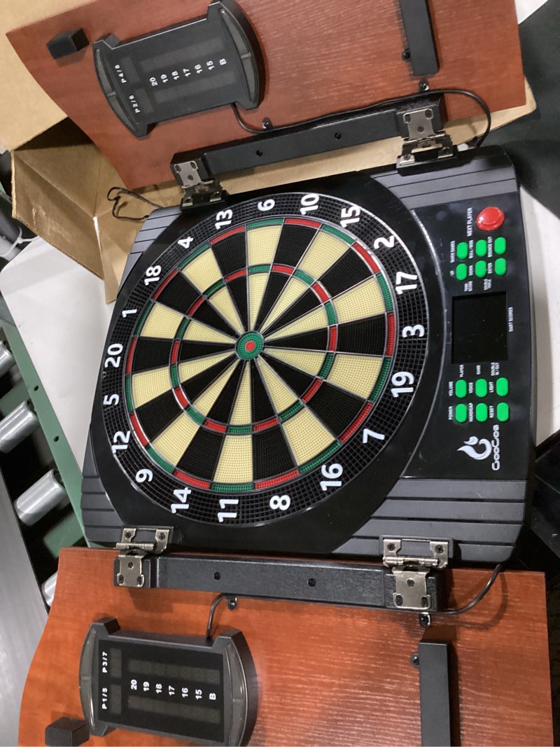Condition photo showing Good Condition for electronic dart board with wooden door, electric dartboard with heckler & light effects, digital soft tip dartboards for game room man cave bar, 12 darts, 100 soft tips