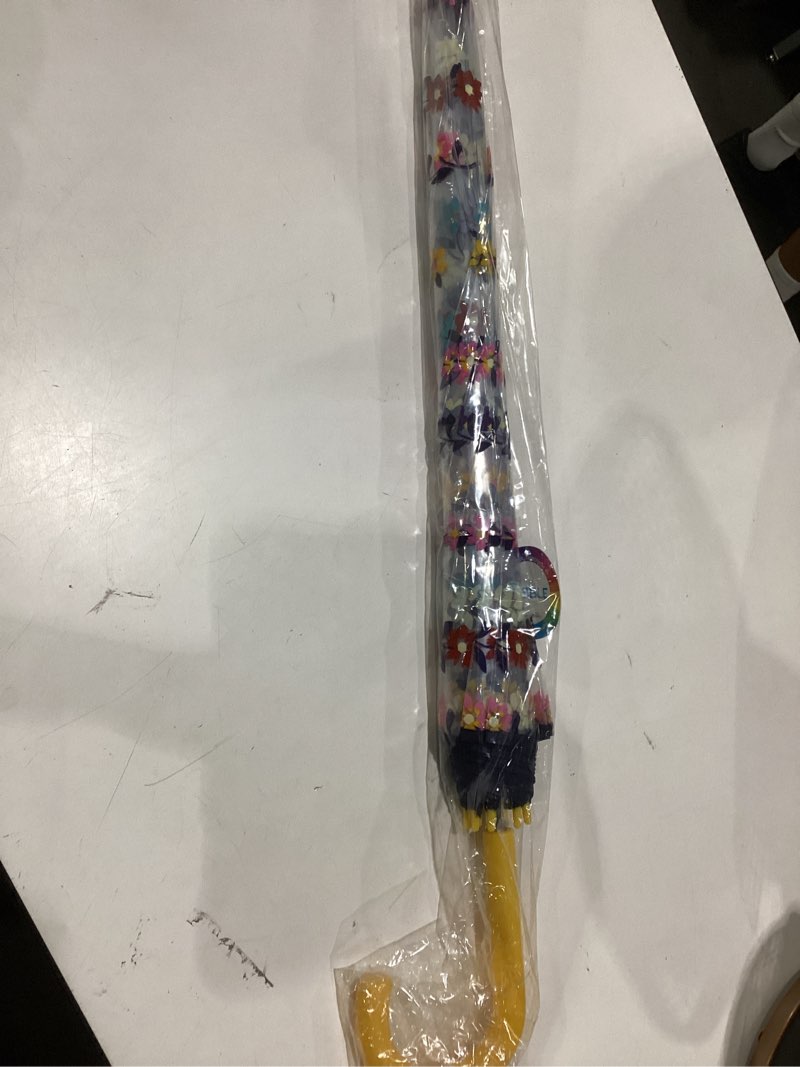 Condition photo showing New/Like New for shedrain print bubble umbrella â€“ see through, rain & windproof umbrella - perfect for festivals, prom, graduation and outdoor events - automatic open, yellow crook handle, clear dome design with a 52â€_x009d_ arc (clear with flower design and yellow han