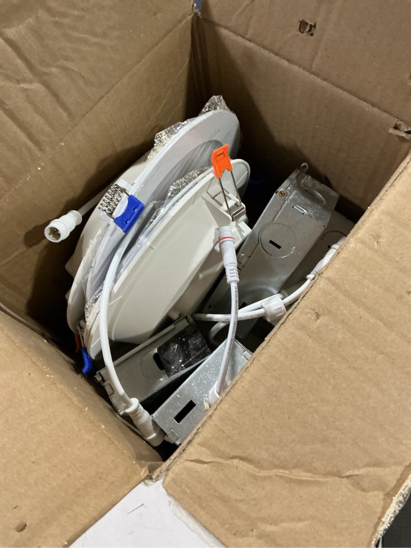 Condition photo showing As Is for meconard 4 pack 6 inch led recessed ceiling light, 2700k/3000k/3500k/4000k/5000k selectable, dimmable 12w=110w, 1050lm, ic rated can-killer downlights with junction box, etl and energy star listed 5000k/4000k/3500k/3000k/2700k - 5cct white 6 inch