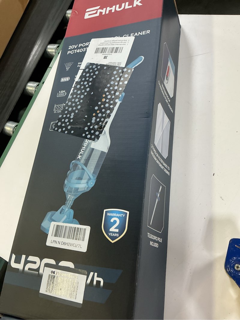 Condition photo showing As Is for pool vacuum for above ground pool with a telescopic pole, running time up to 1h, handheld rechargeable pool cleaner with powerful suction up to 18.5 gallons/min, ideal for leaves & debris, pc10