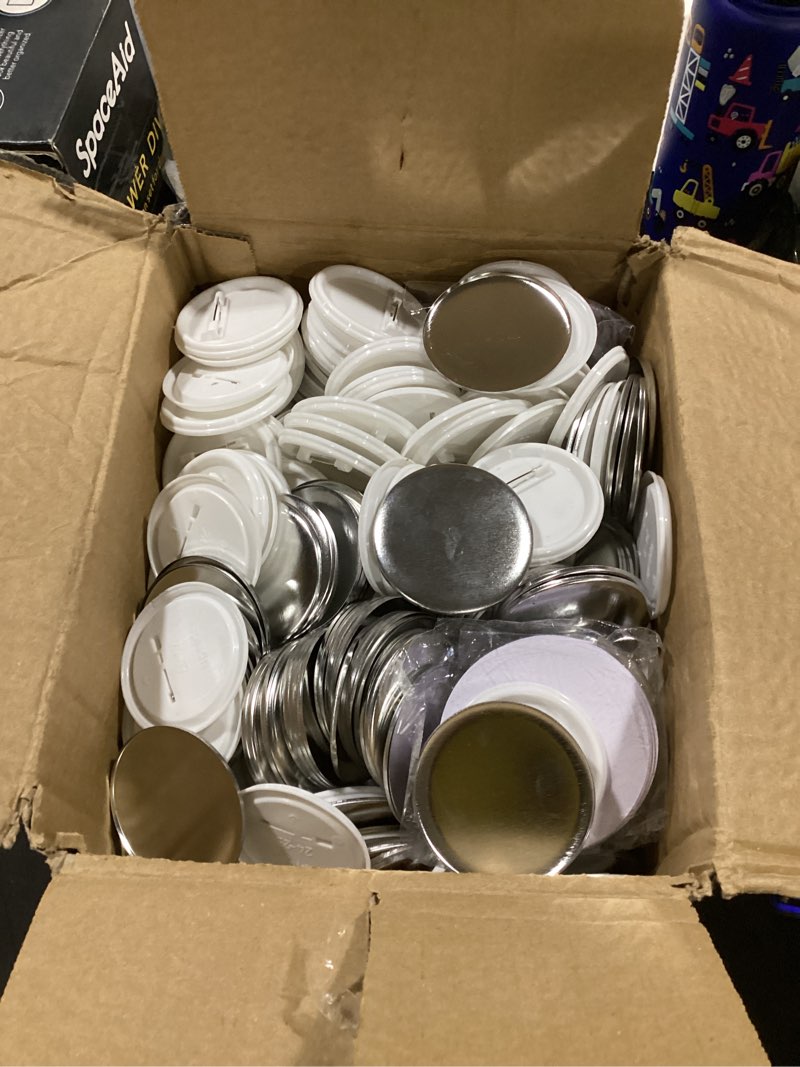 Condition photo showing As Is for happizza 200 sets 58mm(2.25 in) blank pin back buttons parts for button maker machine 58mm, round badge making supplies, includes metal cover, plastic button back cover, clear film&blank paper 58mm 200sets