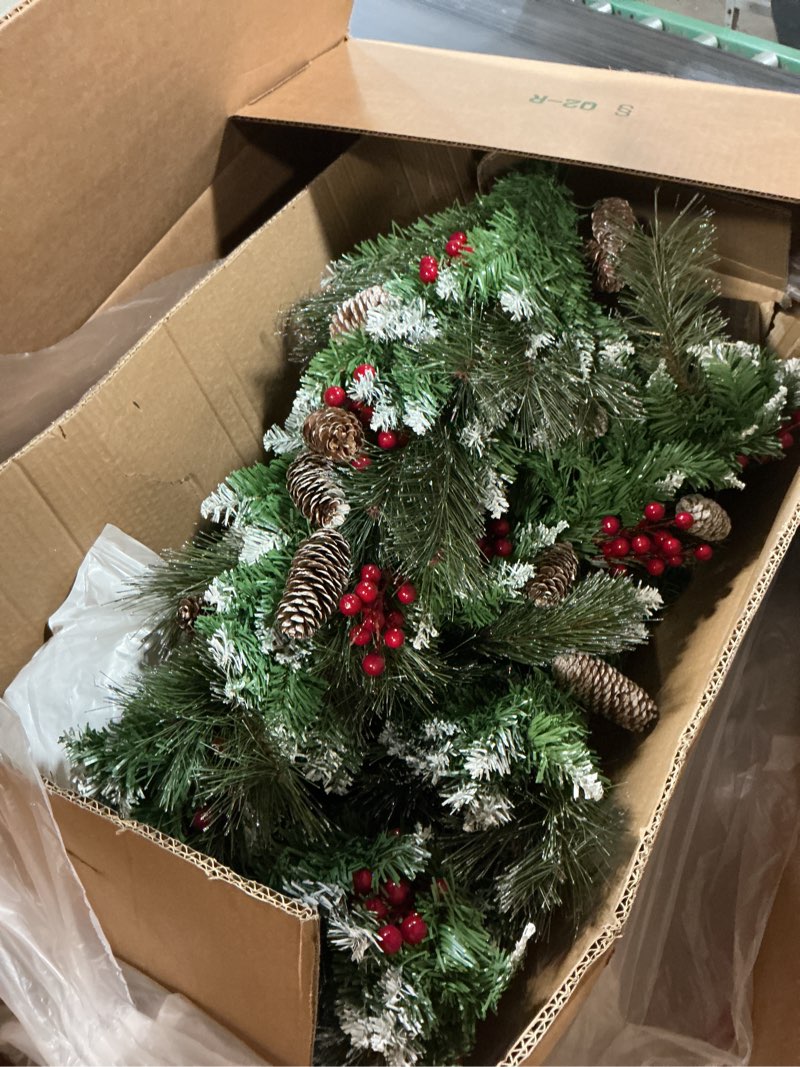 Condition photo showing As Is for 4FT Outdoor Christmas Tree with Lights in Vintage Potted Base, Battery Operated Xmas Tree with Snow-Touched Branches, 100 LED Warm Lights with Timer, Porch Entryway Holiday Decoration Snowy Glow Tree 2