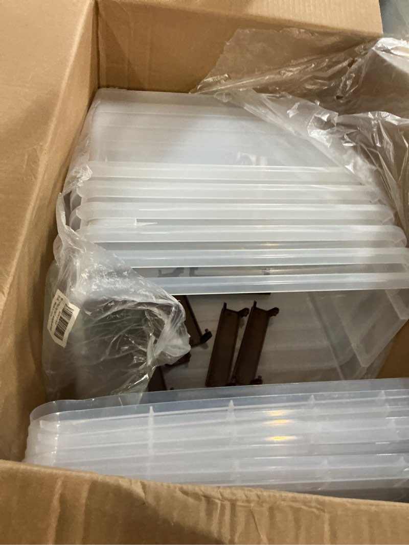 Condition photo showing As Is for wyt 6 pack 17qt clear plastic storage bin with lid and latching buckles, stackable tote organizing box with handle 17qt - 6 pack