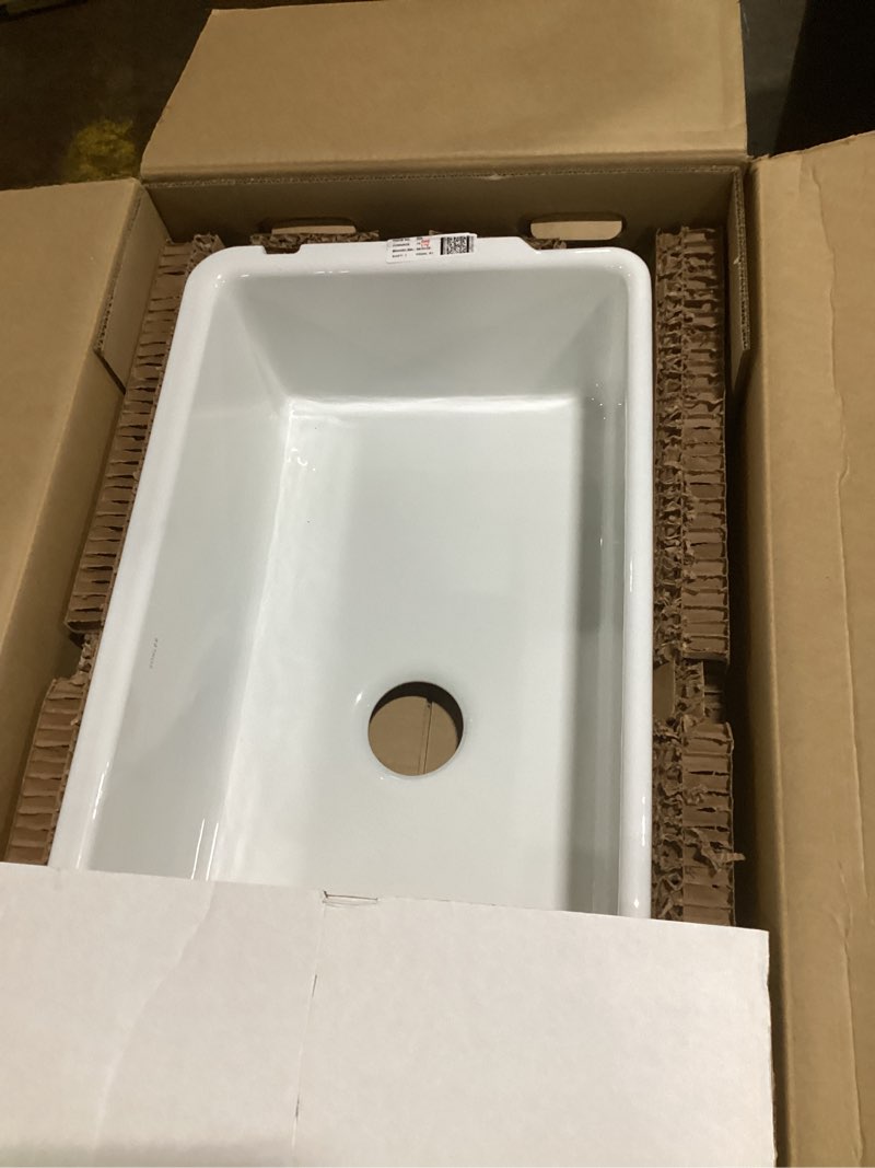 Condition photo showing New/Like New for kohler pepin farmhouse apron front 33.69-in x 18.25-in white cast iron single bowl kitchen sink