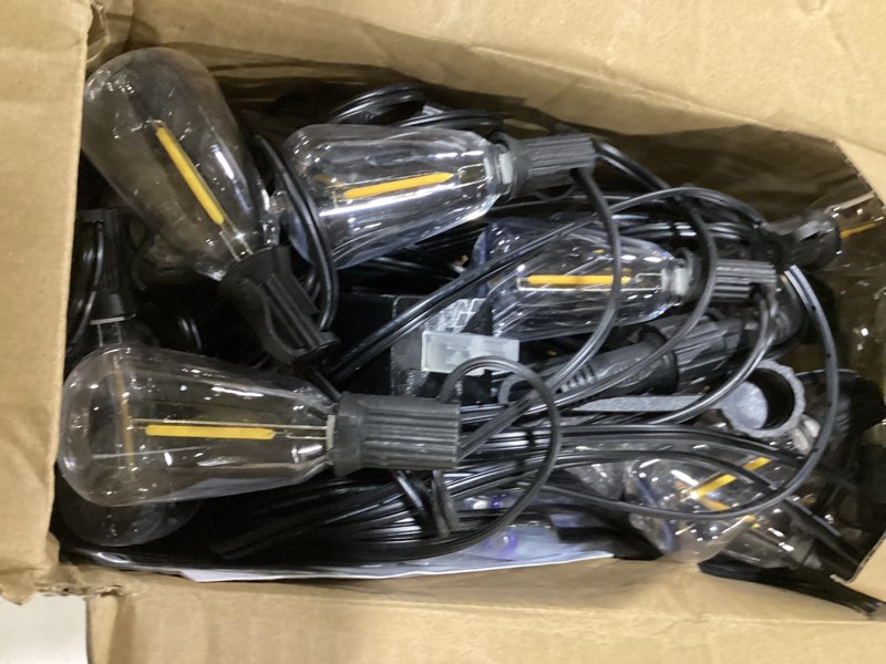 Condition photo showing As Is for addlon 100ft led outdoor string lights with remote waterproof patio lights with shatterproof st38 replaceable bulbs, dimmable outside hanging light connectable for porch, backyard 100ft(30 sockets)