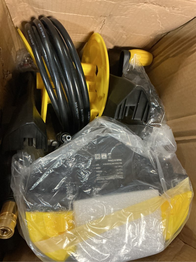 Condition photo showing As Is for 5000psi powerwasher with 4 quick connect nozzles, foam cannon for car, lane, patio cleaning, hydro jet pressure hose water wand for gutter patio car garden window, yellow
