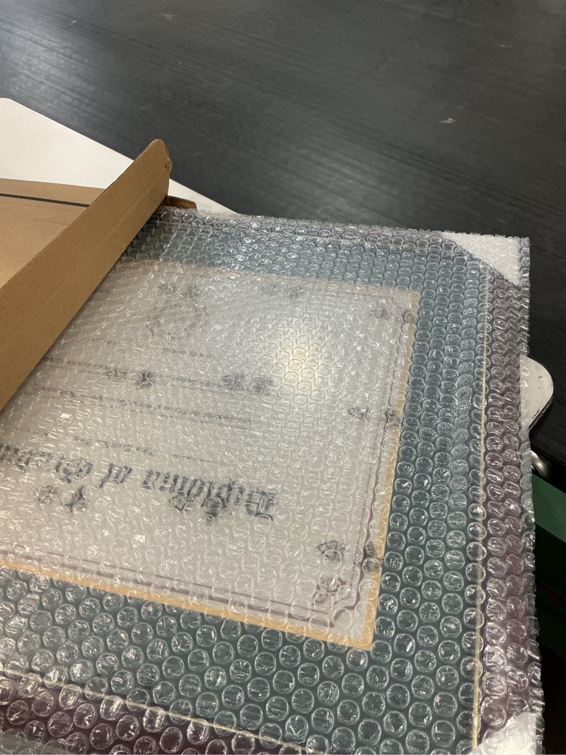 Condition photo showing New/Like New for graduatepro 11x14 diploma frame with forest over gold mat or display 15x18 certificate without mat, solid wood & uv protection acrylic, cherry finish with gold trim 15x18 or 11x14 forest gold mat