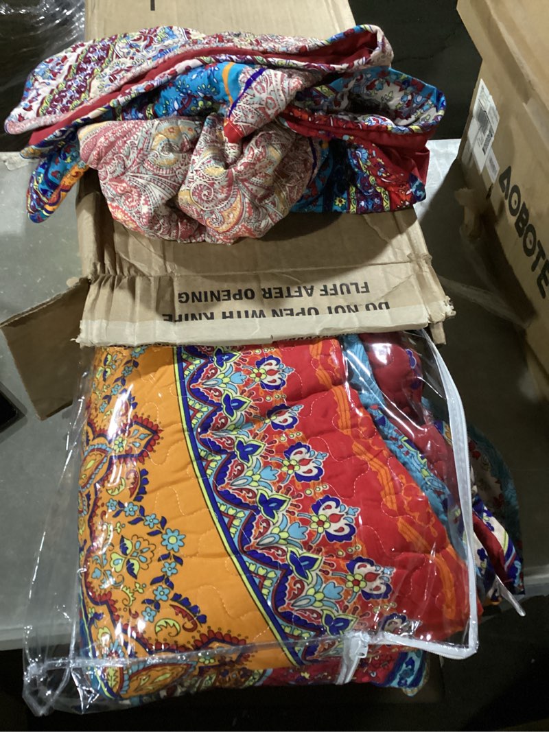 Condition photo showing As Is for wongs bedding boho quilt set king size, bohemian red christmas stripe 3 pieces bedspread set lightweight microfiber all season christmas bedding coverlet set for king bed (104"x90") king(104"x90") red