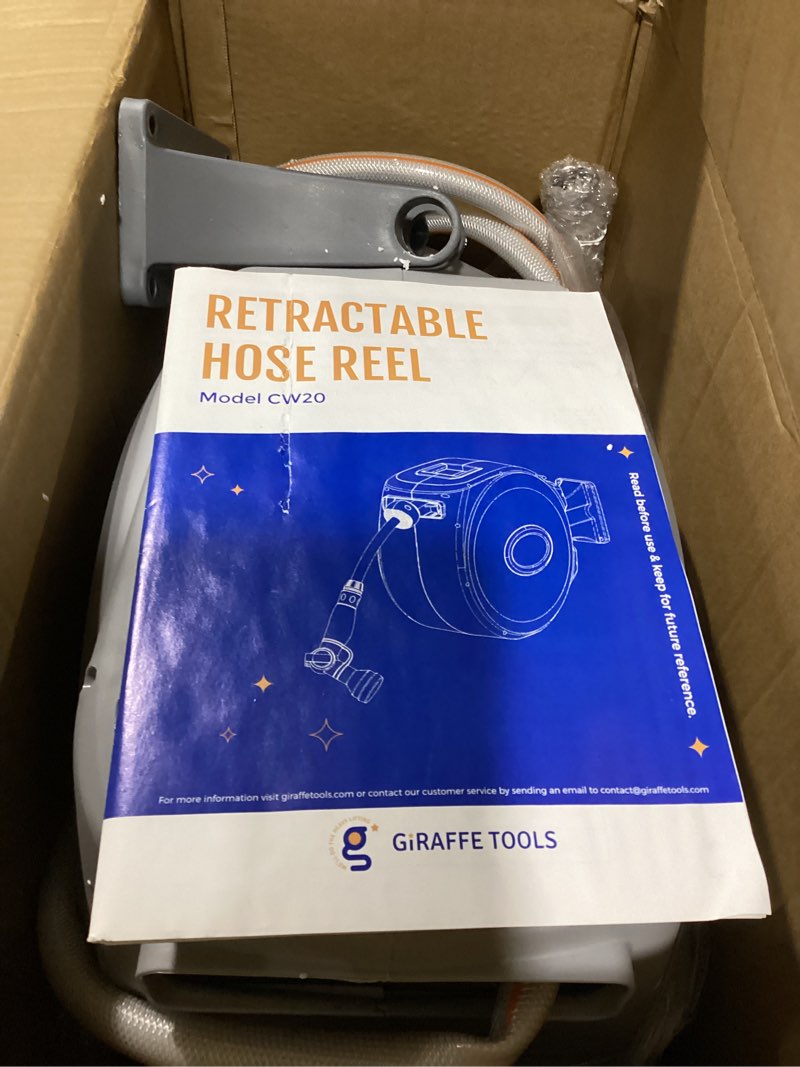 Condition photo showing Good Condition for giraffe tools cw20 retractable garden hose reel 5/8" x 60 ft heavy duty water hose reel, swivel bracket, any length lock, light grey 5/8" 60 ft