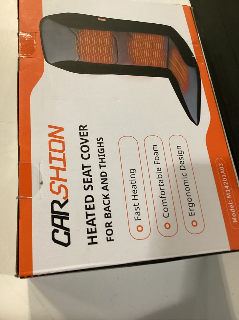 Condition photo showing New/Like New for heated seat cover with fast heat & plush fabric, longer size and expanded heating area to relieve fatigue for office & home