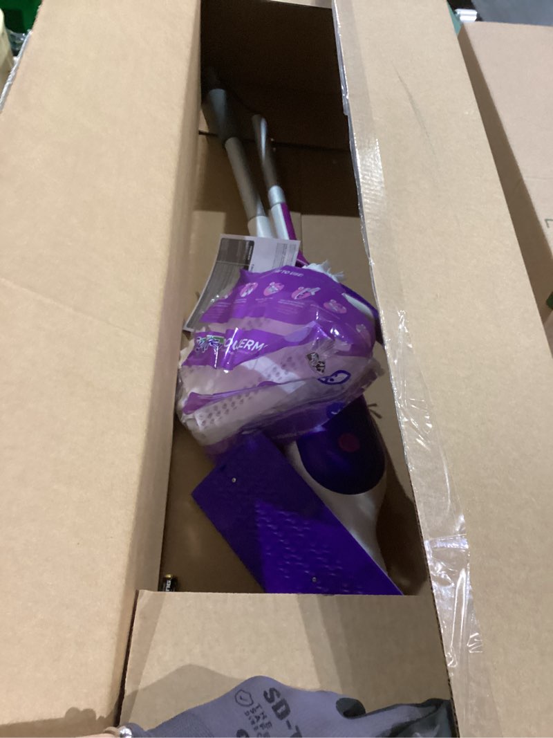 Condition photo showing As Is for Swiffer PowerMop Multi-Surface Mop Kit for Floor Cleaning, Includes PowerMop, 2 Mopping Pad Refills, 1 Cleaning Solution with Fresh Scent and 2 Batteries Purple and White