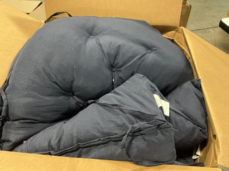 Condition photo showing Good Condition for porch swing cushions,outdoor cushions 3 seater replacement with backrest, waterproof thickened bench cushion with ties for porch, patio,outdoor, backyard and garden (navy blue 40 * 40 in) navy blue 40x 40 inches