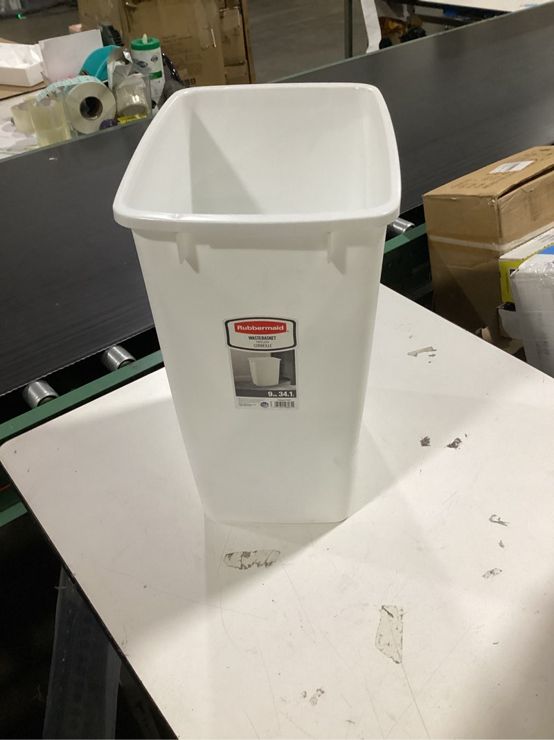 Condition photo showing New/Like New for rubbermaid small kitchen bathroom trash can, 9 gallons, white, waste basket for under counter/kitchen/office/bedroom/bathroom