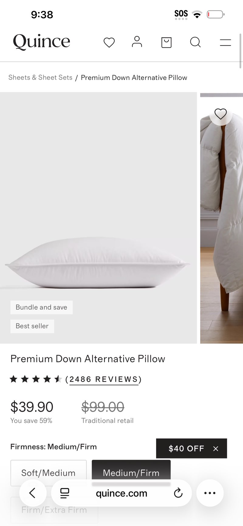 Quince Premium Down alternative Pillow Standard Medium/Firm Premium Microgel 300 Thread Count Cotton Sateen