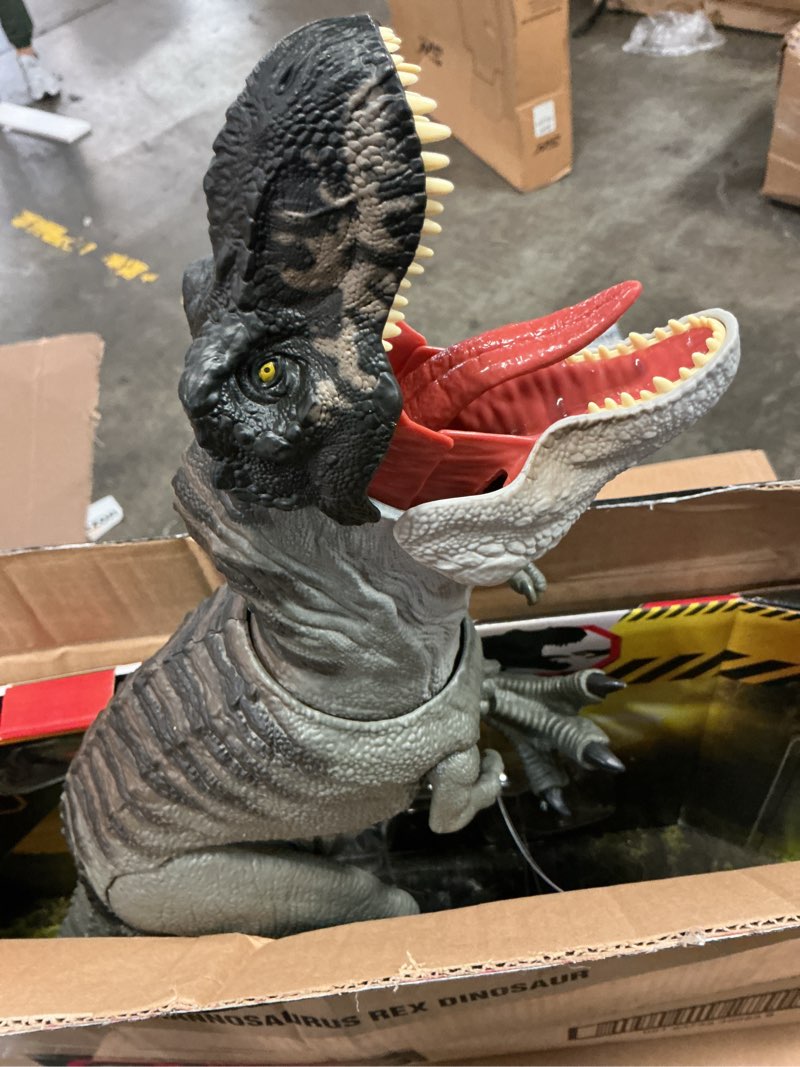 Condition photo showing Good Condition for mattel jurassic world rebirth power devour tyrannosaurus rex dinosaur figure with tongue activated constant chomp, lights & sounds, digital play realistic