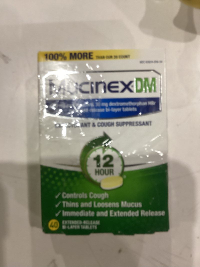 Condition photo showing New/Like New for Mucinex Cough Suppressant and Expectorant, DM 12 Hr Relief Tablets, 600 mg, Multicolor, 40 Count (Pack of 2)