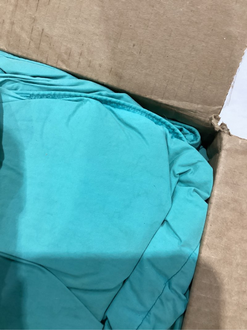 Condition photo showing As Is for three geese pinch pleat waterfowl feathers and down comforter palatial king size duvet insert,750+ fill power,1200tc 100% cotton, premium all seasons aqua-sky warm hotel comforter with 8 tabs. palatial king:120x98inches aqua sky