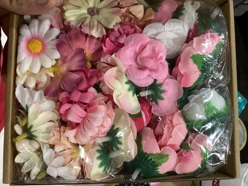 Condition photo showing Good Condition for fake flower heads for crafts, 66pcs mini artificial flowers bulk, small silk daisy rose sunflower faux floral heads for diy hair clips, wedding cake, graduation cap, wreath & party decoration pink