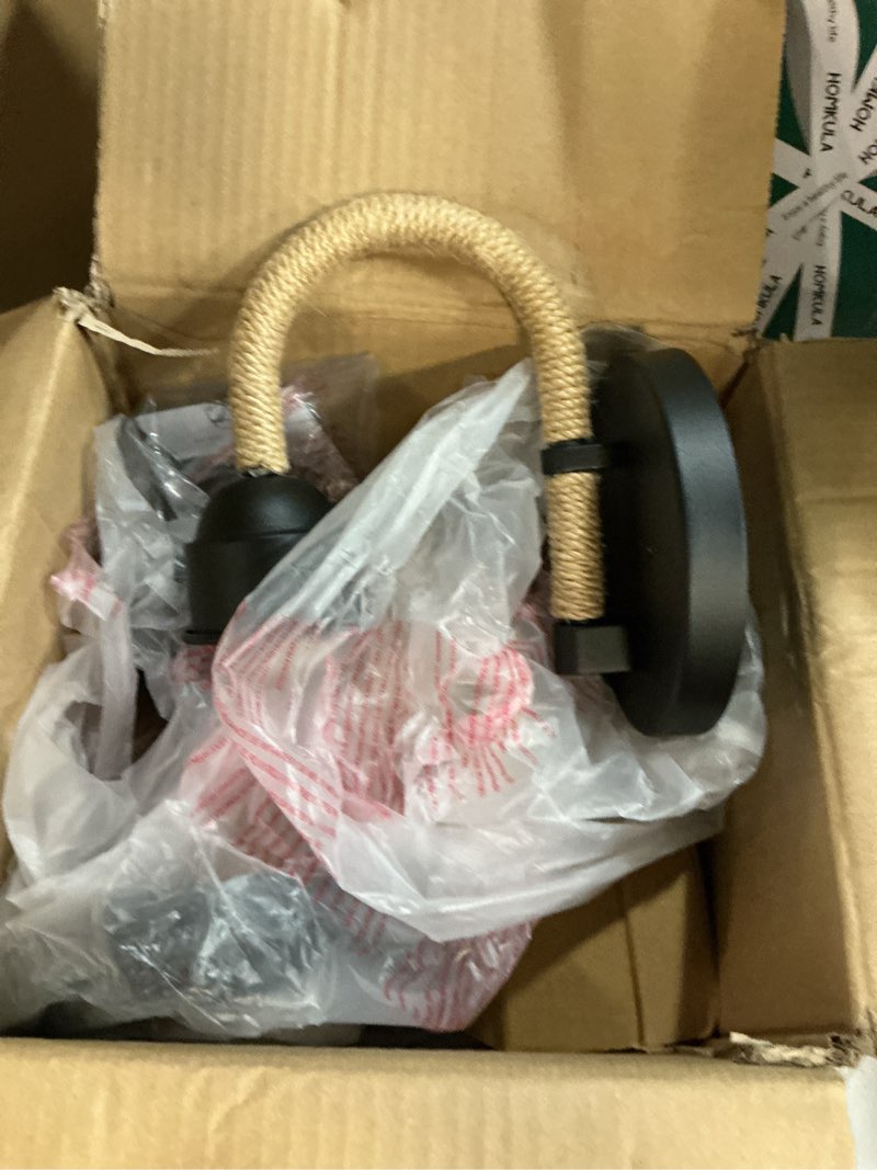 Condition photo showing Good Condition for 10 inch vintage wall sconce black set of 2, industrial wall light fixture with hemp rope, indoor outdoor wall lamp forbedroom, living room, hallway, covered porch, hardwired 2-pack