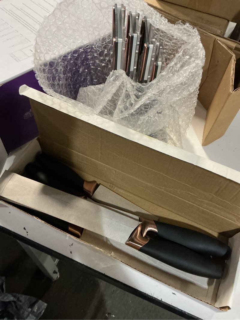 Condition photo showing Good Condition for hecef 15 pieces kitchen knife set with built-in sharpening wooden block, dishwasher safe, high carbon stainless steel knife block set with steak knives, kitchen scissors, cream white