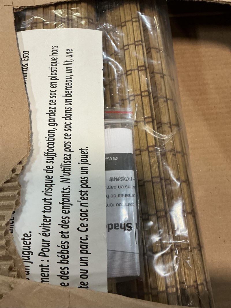 Condition photo showing Good Condition for lazblinds cordless bamboo roman shades, privacy blinds for interior windows, room darkening roll up bamboo blinds for home & patio, 28.5" w x 64" h, highfield teak pricacy - highfield teak 28 1/2" w x 64" h
