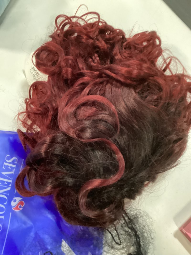 Condition photo showing Good Condition for sevencolors burgundy curly wigs for black women short ombre wine red wavy wig synthetic hair natural looking curly bob wigs ombre burgundy