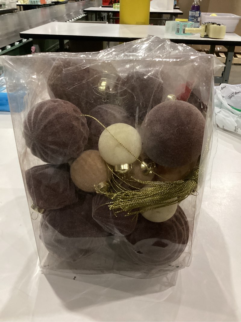 Condition photo showing As Is for (Box damaged) 35PCS Velvet Christmas Ball Ornaments, Multi-Color Shatterproof Rustic Farmhouse Christmas Decoration Set, Large Vintage Hanging Ornaments for Xmas Tree, Wedding, Holiday, Party (Dark Brown)