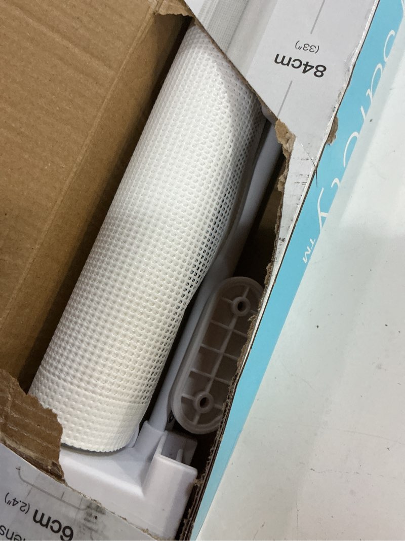 Condition photo showing As Is for Retractable Baby Gate Perma Child Safety 33" Tall x 71” Wide, Mesh, for Stairs, Doorways, Dogs, Pets, Indoor, Outdoor, One-Handed Operation, Locking, Easy Install, Hardware Mount, White White 33" Tall x 71" Wide