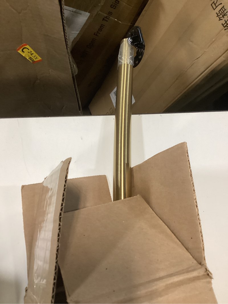 Condition photo showing As Is for moen brushed gold 72-inch adjustable permanent mount curved shower curtain rod, csr2164bg brushed gold shower rod
