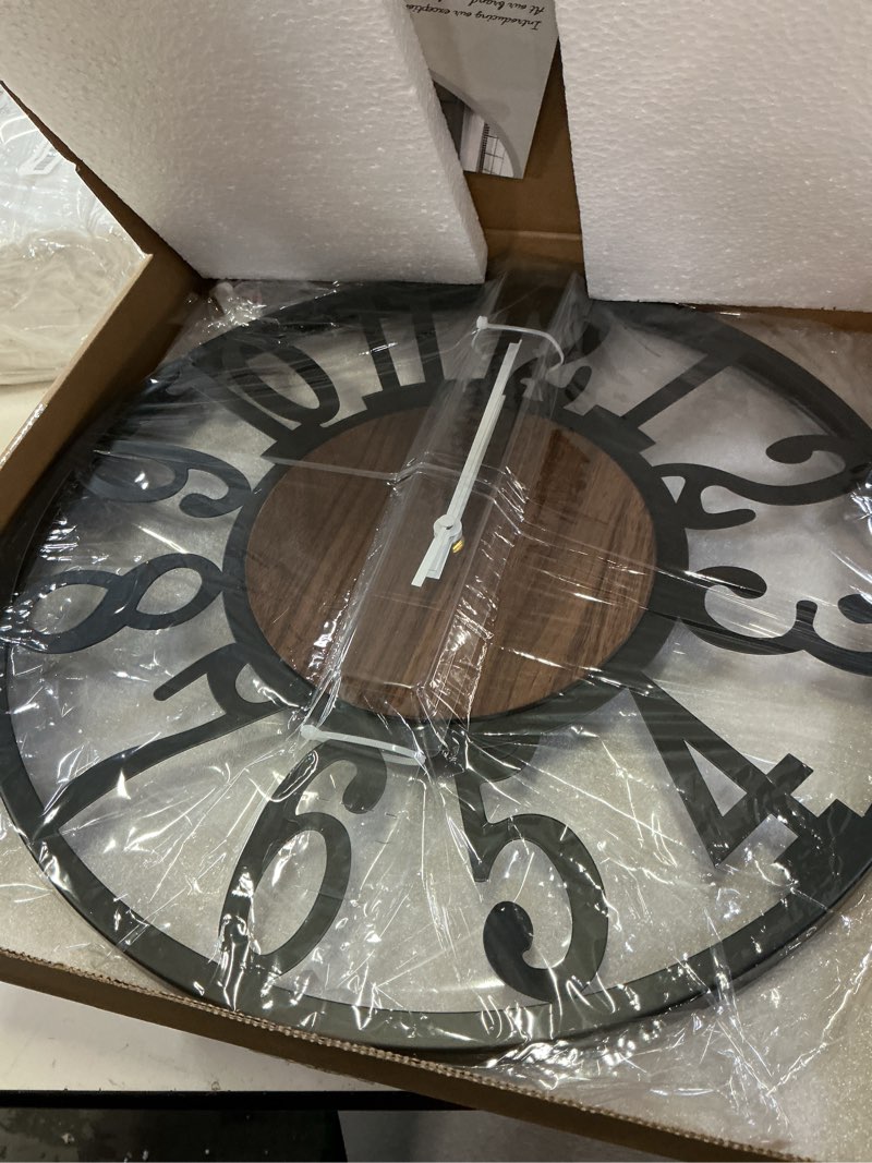 Condition photo showing Good Condition for 1st owned wall clock for living room -16" silent non ticking,battery operated,black metal, antique wood clocks for farmhouse,dining room,bedroom,kitchen clock wall decor- arabic numerals black-arabic numerals 16 inch