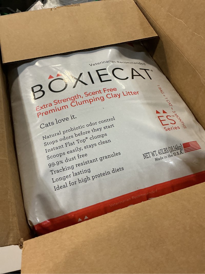 Condition photo showing Good Condition for Boxie Extra Strength 35 Day Odor Control Clumping Clay Cat & Kitty Litter 40lb, 99.9% Dust-Free, Probiotic Formula, Long-Lasting, Veterinarian Approved, Easy Scooping for Multi-Cat Homes Extra Strength 40 lb