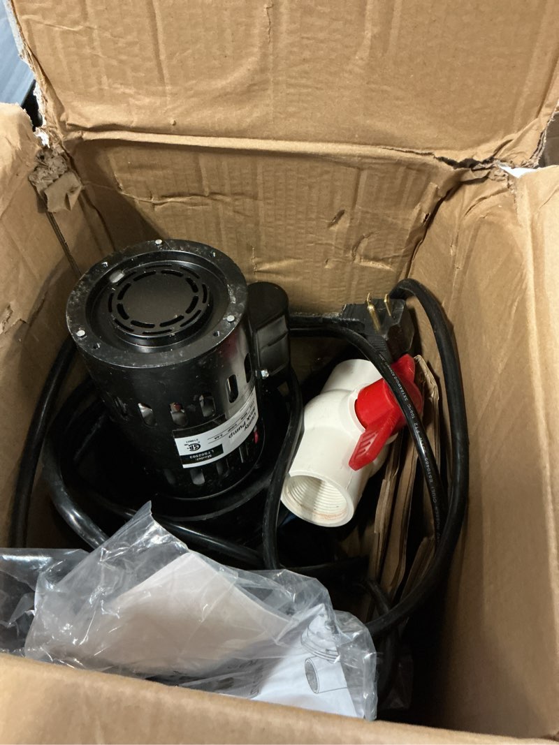 Condition photo showing As Is for automatic utility sink pump directly installed under the sink, gravity free drainage laundry pump 115v heavy duty thermoplastic with drainage filter screen & check valve and ball valve