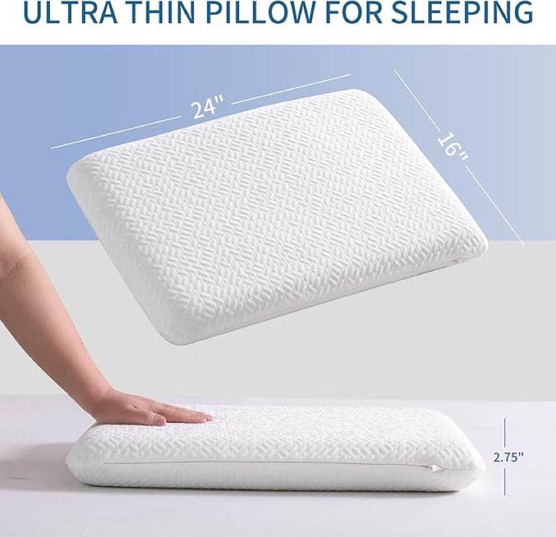 Ultra Thin, Flat Pillow for Sleeping 2.75 Inch Height, Thin Memory Foam Pillow for Stomach Sleeper, Slim Bed Pillow for Side and Back Sleepers, Standard Size